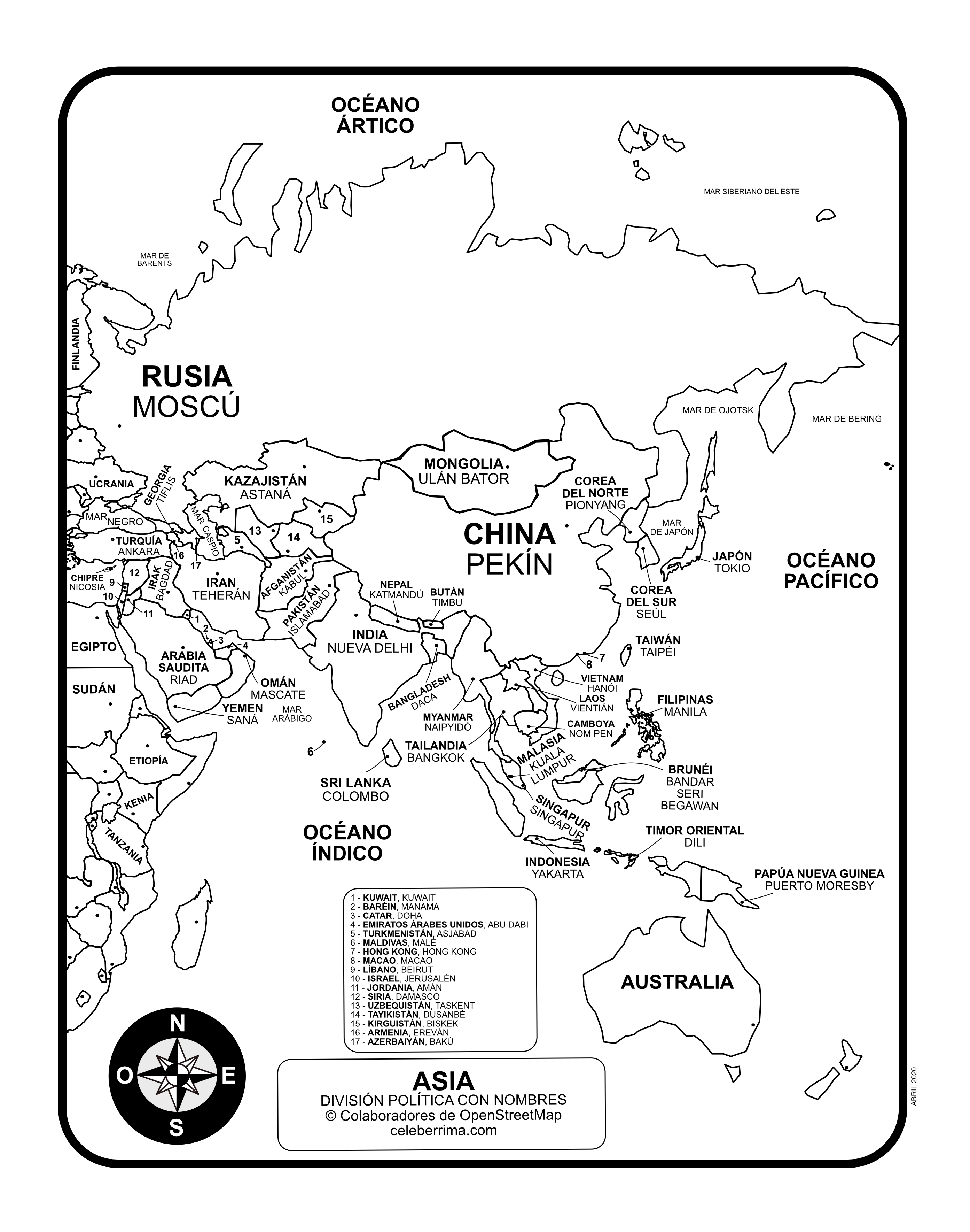 Mapa Asia con división política con y sin nombres Celebérrima com